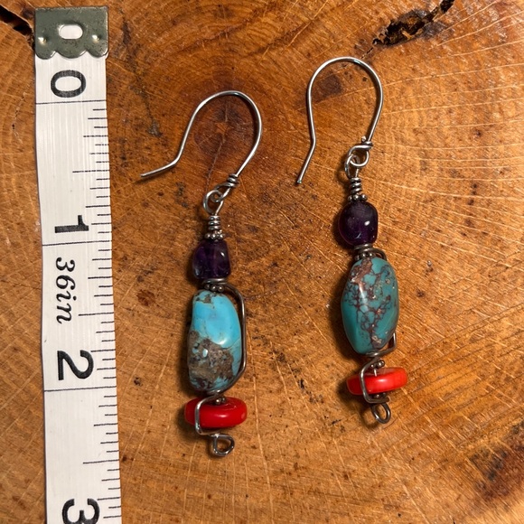 Turquoise, amethyst, dyed coral and sterling earrings - Picture 3 of 3